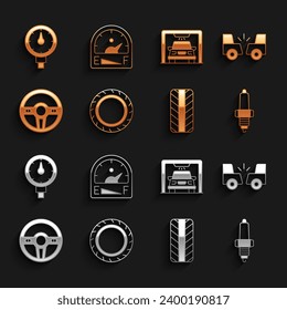 Set Car tire wheel, accident, spark plug, Steering, wash, Tire pressure gauge and Motor gas icon. Vector