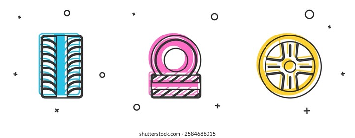 Set Car tire wheel,  and Alloy icon. Vector