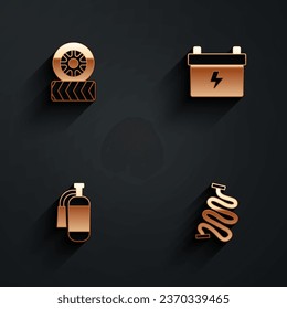 Set Car tire wheel, battery, Fire extinguisher and Racing track icon with long shadow. Vector