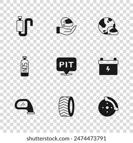 Set Car tire wheel, battery, brake disk with caliper, Pit stop, Racing helmet, muffler,  and Nitrous oxide icon. Vector