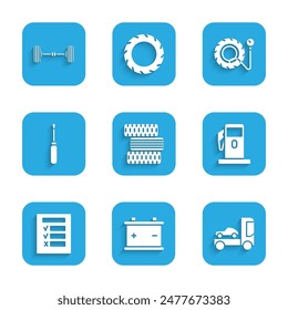 Set Car tire wheel, battery, transporter truck, Petrol Gas station, inspection, Screwdriver, Tire pressure gauge and Chassis car icon. Vector