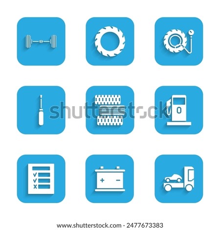 Set Car tire wheel, battery, transporter truck, Petrol Gas station, inspection, Screwdriver, Tire pressure gauge and Chassis car icon. Vector