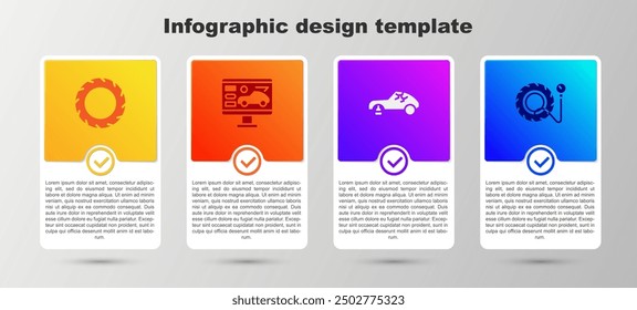 Conjunto de rueda de neumático de coche, diagnóstico de la condición del coche, roto y manómetro de presión de neumáticos. Plantilla de infografía de negocios. Vector