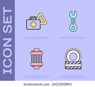 Juego de llantas de coche, kit de primeros auxilios y triángulo de advertencia, filtro de aire e icono de llave inglesa. Vector