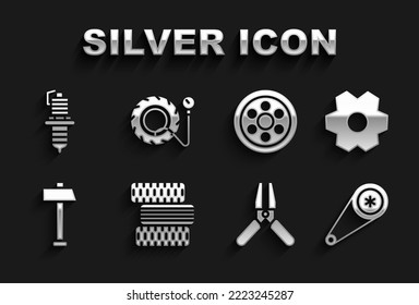 Set Car tire wheel, Gear, Timing belt kit, battery jumper power cable, Hammer, Alloy, spark plug and Tire pressure gauge icon. Vector