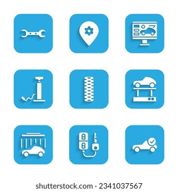 Set Car tire wheel, key with remote, Auto service check automotive, Repair car on lift, wash, pump, Diagnostics condition of and Wrench spanner icon. Vector