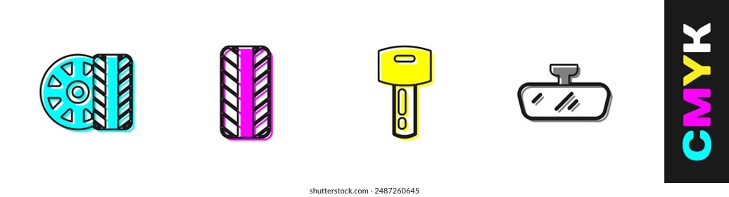 Set Car tire wheel, key with remote and mirror icon. Vector