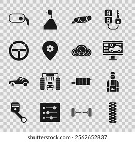 Set Car tire wheel, mechanic, Diagnostics condition of car, headlight, Location with service, Steering, rearview mirror and Speedometer icon. Vector