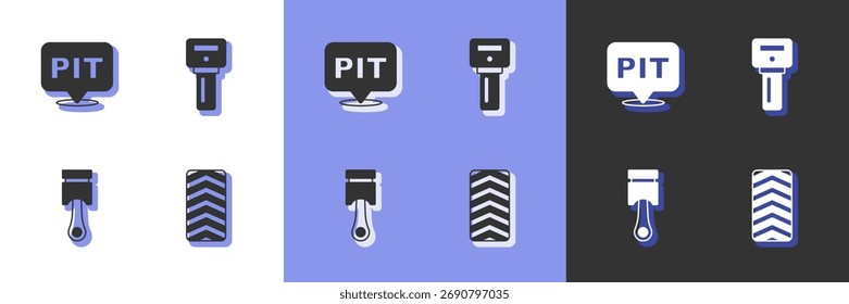 Conjunto de rueda de neumático de coche, parada en boxes, pistón del motor y llave con icono remoto. Vector