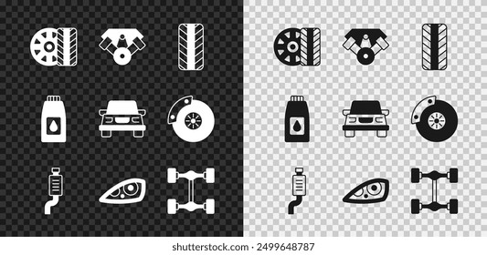 Set Car tire wheel, Power car engine, muffler, headlight, Chassis, Canister for motor machine oil and  icon. Vector