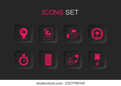 Set Car tire wheel, Racing helmet, Timing belt kit, steering, Engine piston,  and Stopwatch icon. Vector