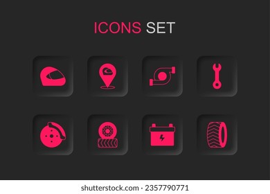 Set Car tire wheel, Racing helmet, battery, Wrench spanner, Automotive turbocharger and brake disk with caliper icon. Vector
