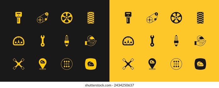 Set Car tire wheel, Racing helmet, spark plug, Gear shifter, Wrench spanner, Alloy for car, key with remote and Timing belt kit icon. Vector