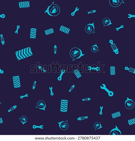 Set Car tire wheel, Shock absorber, Racing helmet and Wrench spanner on seamless pattern. Vector