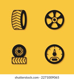 Set Car tire wheel, Speedometer,  and Alloy for car icon with long shadow. Vector