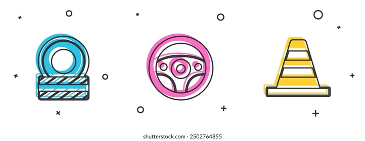 Stellen Sie Autoreifen Rad, Lenkung und Verkehrskegel Symbol. Vektorgrafik