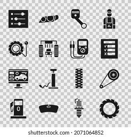 Set Car tire wheel, Timing belt kit, inspection, Engine piston, wash, Tire pressure gauge, settings and Multimeter icon. Vector