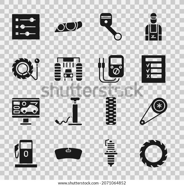 Set Car tire wheel, Timing belt kit, inspection,\
Engine piston, wash, Tire pressure gauge, settings and Multimeter\
icon. Vector