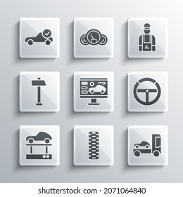 Set Car tire wheel, transporter truck, Steering, Diagnostics condition of car, Repair lift, Hammer, Auto service check automotive and mechanic icon. Vector
