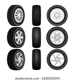 Set of Car tires set collection, Black rubber wheel tire set, Car tire tread tracks, motorcycle racing wheels and dirty tires track. Tyres road maintenance automobile with different angle or view.