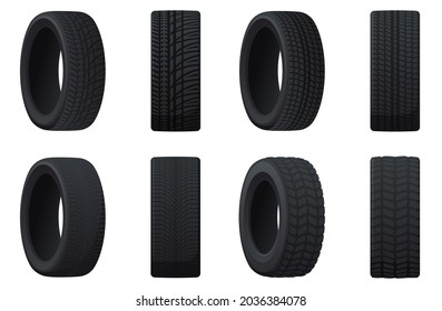 Set of car tires with different treads. Summer, winter, off-road tires.