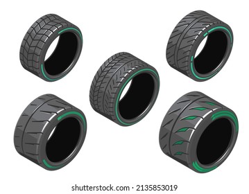 Set Of Car Tires With Different Treads. Auto Tire In Isometry. Different 3d Auto Tire. Auto Tire Icons On White Background. Tire Clipart With Different Tread Pattern. EPS 10 Vector Illustration