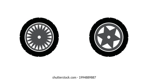 Juego de neumáticos de coche con ruedas diferentes.  Nuevas ruedas modernas con un patrón en las ruedas.  Pieza de automóvil, reparación, sustitución de ruedas.  Ilustración vectorial plana