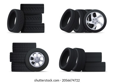 Set of car tires. Summer and winter tires for driving in different weather conditions. Wheels for different types of cars. Car wheels. Vector illustration