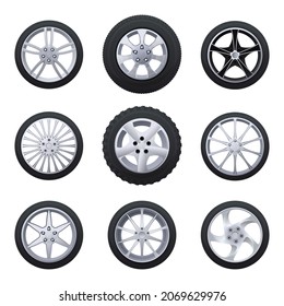 Set of car tires. Summer and winter tires for driving in different weather conditions. Wheels for different types of cars. Car wheels. Vector illustration