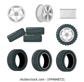 Set of car tires and wheels. Cartoon vector illustration. Car wheel and discs with different tread patterns in front and sight view. Automotive, truck, spare concept for banner design or landing page