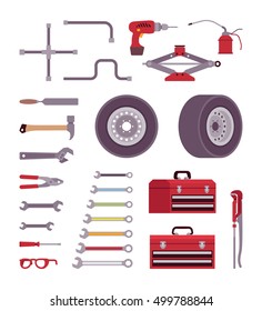 Set of car toolls isolated agains white background. Cartoon vector flat-style illustration