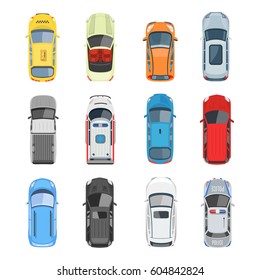 Set Of Car Top View Vector Set. Different City Vehicle Transport Views From The Air Or From The Bird's Eye. Isolated Icons Of Auto Cars From Above In Flat Style. 