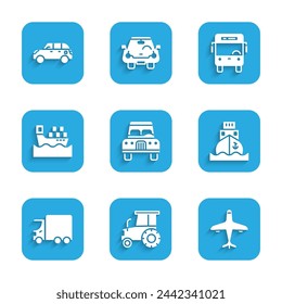 Set Auto, Traktor, Flugzeug, Frachtschiff, Lieferfrachtwagen, mit Kisten, Bus und Schrägheck-Symbol. Vektor