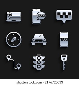 Ajuste el coche, el semáforo, la llave, el servicio de llamadas telefónicas de taxi, la ubicación de la ruta, la brújula, el puntero del mapa con el icono del taxi y el marcador de la laptop. Vector