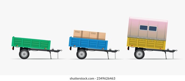 Set of car trailers on a white background. Land vehicle vector illustration