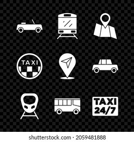 Set Car, Train, Folded map with location, High-speed train, Bus, Location taxi, Taxi car roof and  icon. Vector