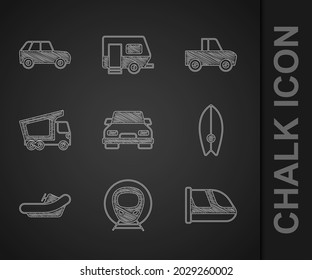 Set Car, Train and railway, Surfboard, Rafting boat, Delivery cargo truck, Pickup and  icon. Vector