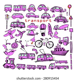 Set Car and transportation drawing icons pen. Vector