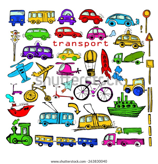 Set Car\
and transportation drawing icons pen.\
Vector
