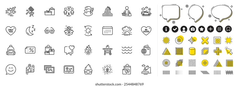 Set of Car travel, Smile chat and Gps line icons for web app. Design elements, Social media icons. Waves, Heart, Fish school icons. Love glasses, Gas grill, Sale bags signs. Vector