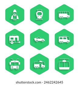 Set Car, Trolleybus, Cable car, Bus, Rv Camping trailer,  and Rocket ship icon. Vector