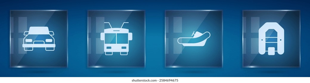 Set Car, Trolleybus, Rafting boat and . Square glass panels. Vector