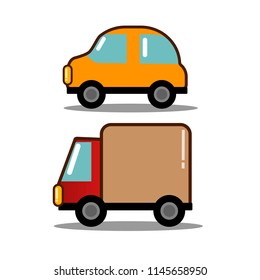 Set of car and truck flat icon, bright cartoon vehicle concept for job hunting company or delivery system or transportation/ shipping organization, car shop or rent, driver training center, carsharing