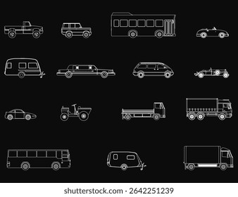 A set of car and truck silhouettes arranged in a neat row on a black background, showcasing unique designs. The clean contours highlight each vehicle's shape, creating a sleek and modern aesthetic.