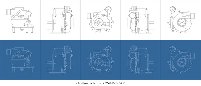 Set Car Turbocharger Blueprint Technical Line Drawing for Automotive Engineering from all side