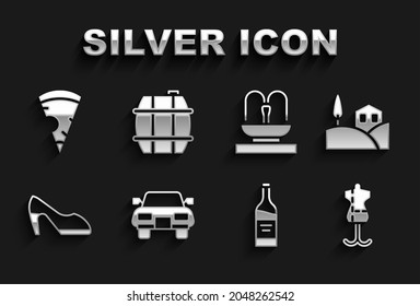 Set Car, Village landscape, Mannequin, Bottle of wine, Woman shoe, Fountain, Slice pizza and Barrel for icon. Vector