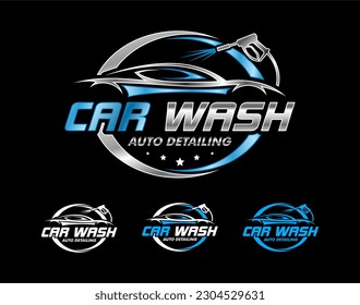 set of car wash Auto detailing vector logo Carwash spa Automotive automobile logo design template blue white, silver
 isolated on a dark background.