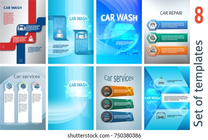 Set Car wash blue light background with icons design elements. Modern business presentation template for car-wash flyer. Abstract vector illustration eps 10 can be used for brochure layout, web banner