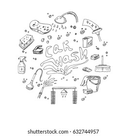 Set with Car wash doodles. Vector illustration.