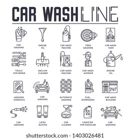 Set of car wash and repair services thin line icons, logos isolated on white background. Auto cleaning and washing outline pictograms collection. Vector elements for infographic, web.